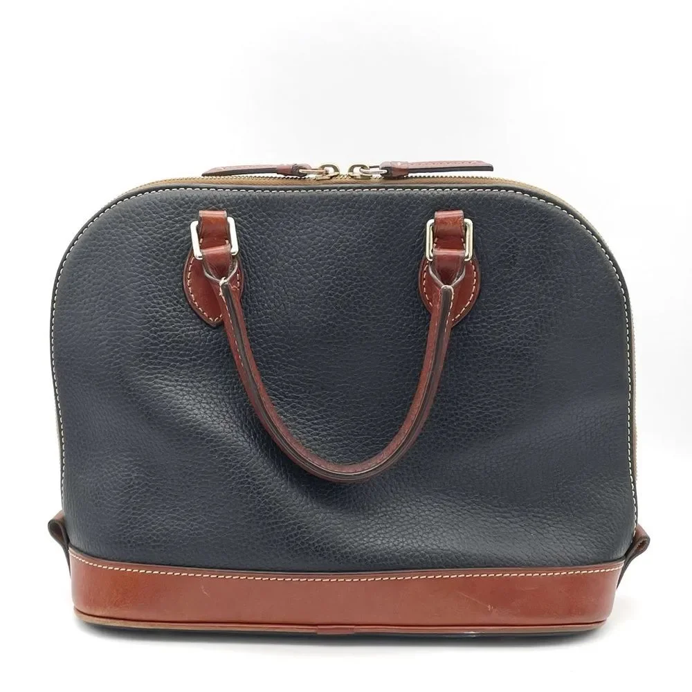 Dooney & Bourke Pebble Grain Zip Around Satchel Black & Cognac Brown Leather Bag